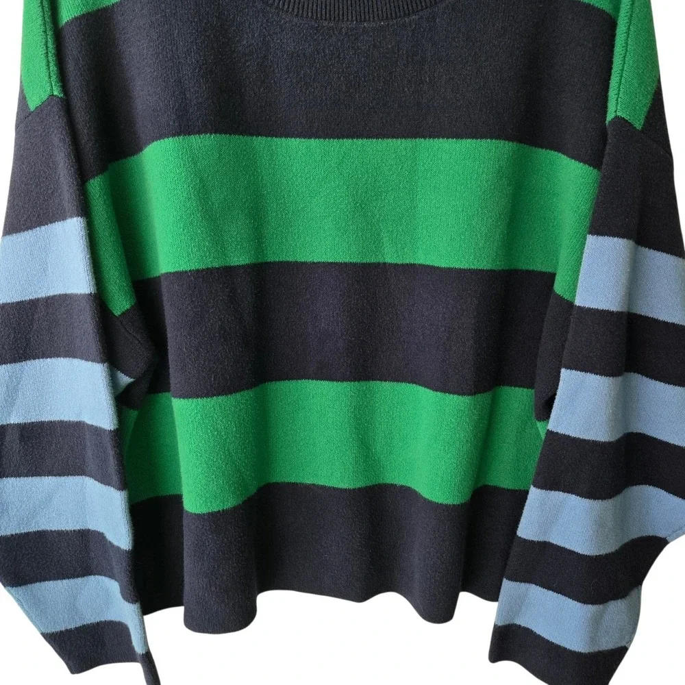 Old Navy SoSoft Mens L Green Navy Striped Crewneck Sweater Relaxed Preppy